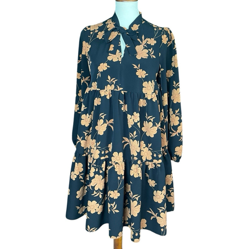Sanctuary Black Floral Long Sleeve Dress with Bow Detail Small Tiered Boho